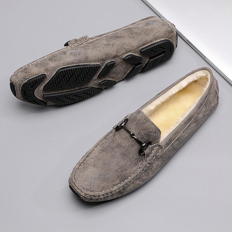 Winter Plush Penny Loafers Men Casual Shoes Luxury Suede Leather Fur Man Moccasins Mens Driving Shoes Outdoor Slip On Flats