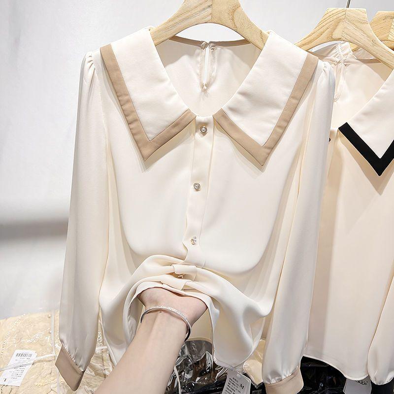 Spring Autumn Polo-neck Patchwork Elegant Fashion Blouse Women Long Sleeve Casual Buttons Cardigan Shirt Top