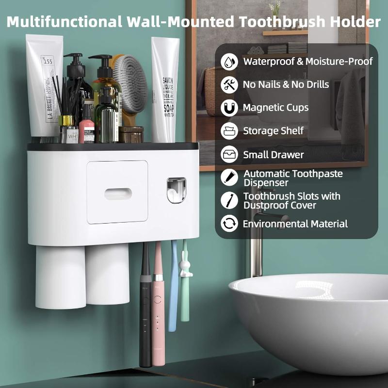 Toothbrush Holder Wall Mounted Automatic Toothpaste Dispenser Squeezer Kit -Magnetic Toothbrush Holder for Bathroom and Vanity