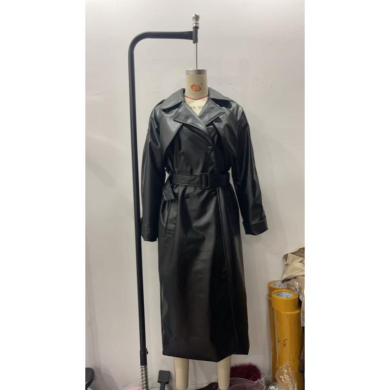 Womens Long PU Leather Trench Coat