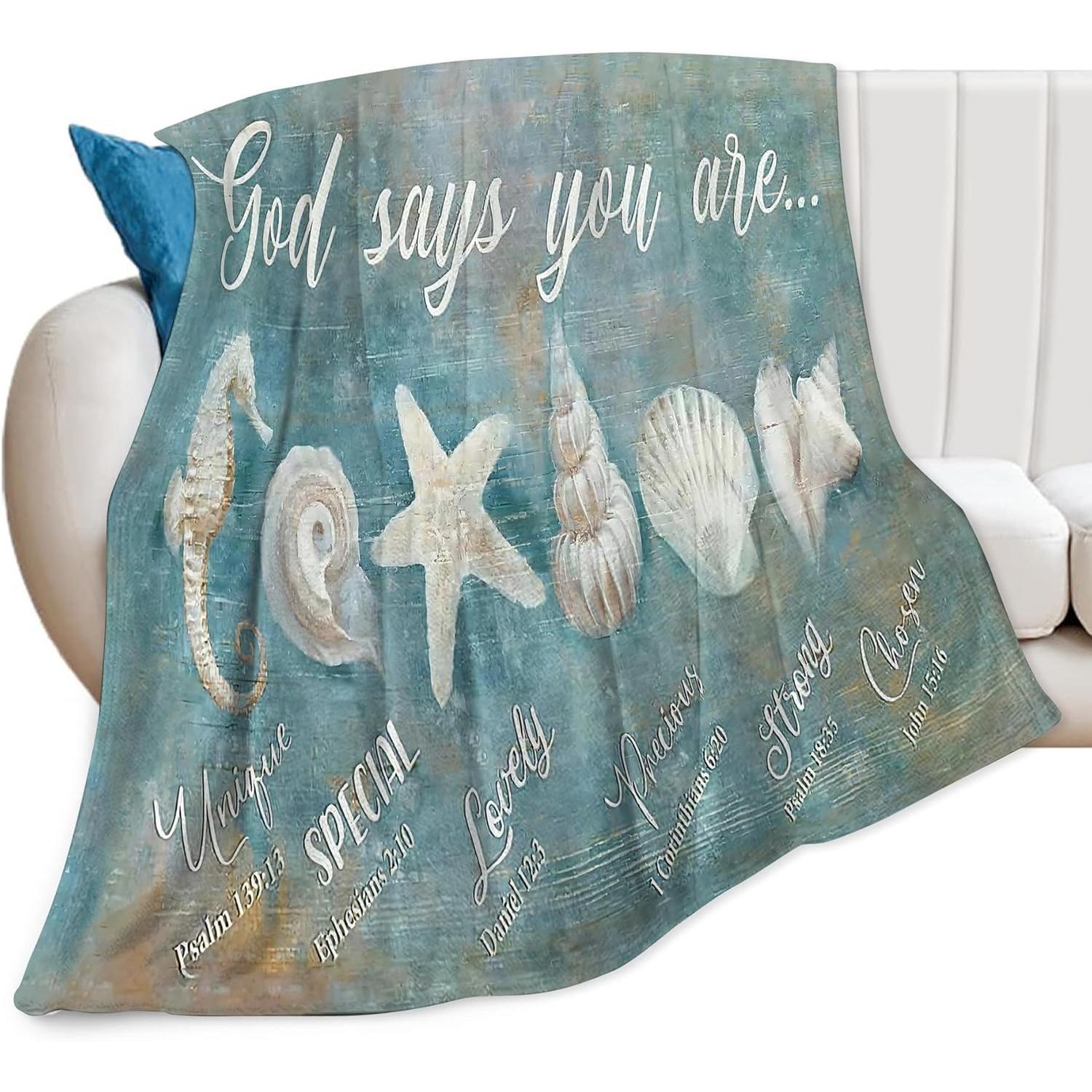 

Ocean Nautical Seashells Throw Blanket - God Says You Are - Soft Warm Cozy Fleece for Girls, Women, Boys, Men - Ocean Gifts and 75x90cm