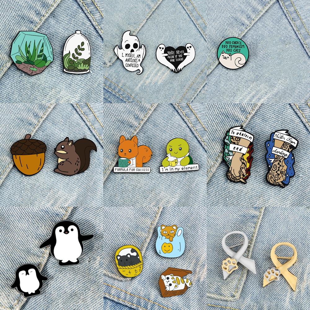 2-3pcs Cartoon Brooch Cute Animal Cats Paw Penguin Lapel Pins Punk Ghost Plant Badges Shirts Bag Jewelry Friends Gifts Wholesale