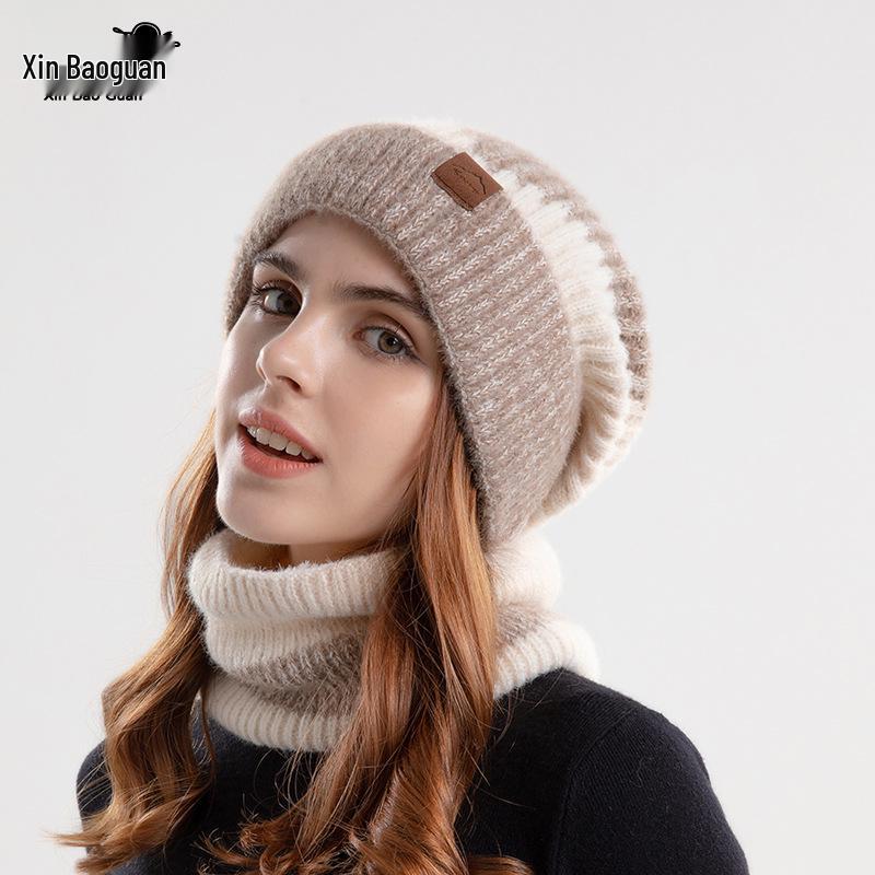 North American Women's Winter Two-Piece Set: Two-Color Knit Hat & Velvet Scarf, Warm Ear Protection