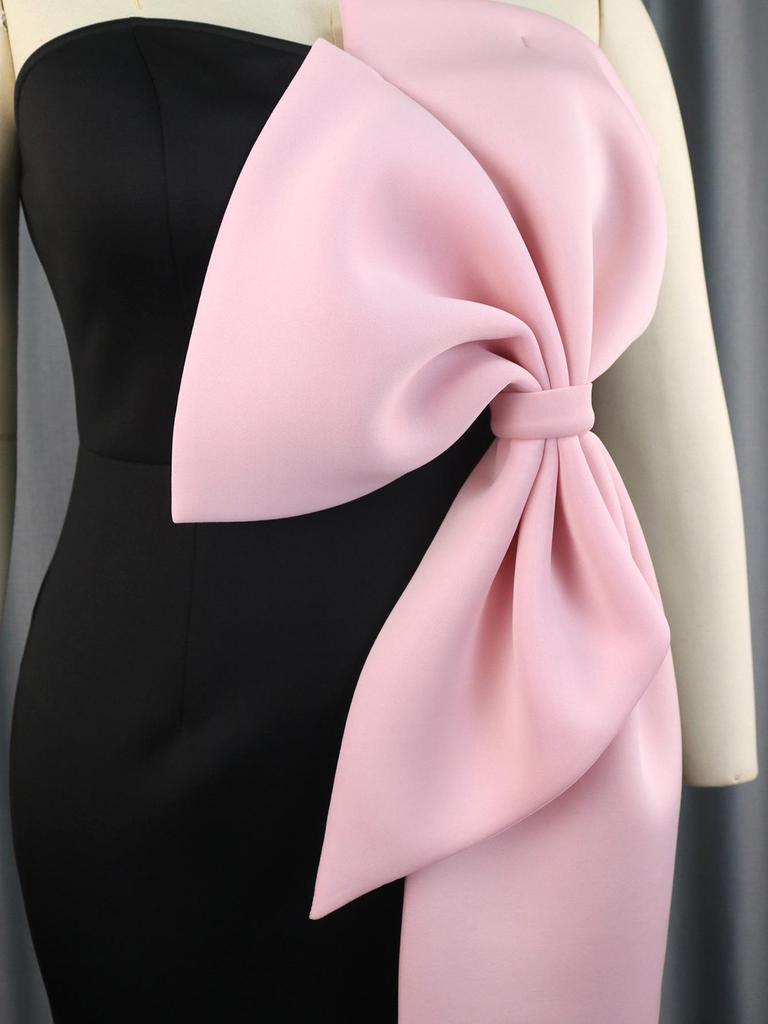 European and American Strapless Color Block Off-the-Shoulder Evening Dress with Bow