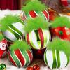 2.4 Inch Christmas Ball Ornaments with Fuzzy Green Hair Glittering Hanging Furry Elf Ball Decoration Red Green Plastic Ball Ornament for Xmas Tree