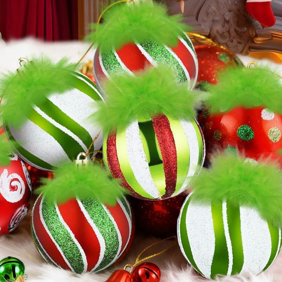 2.4 Inch Christmas Ball Ornaments with Fuzzy Green Hair Glittering Hanging Furry Elf Ball Decoration Red Green Plastic Ball Ornament for Xmas Tree