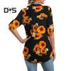 Women Shirt V-neck 3/4 Roll-Up Sleeves Lightweight Tops Flower Print Flowy Hem Tunic Tops Daily Wear