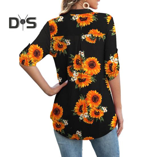 Women Shirt V-neck 3/4 Roll-Up Sleeves Lightweight Tops Flower Print Flowy Hem Tunic Tops Daily Wear
