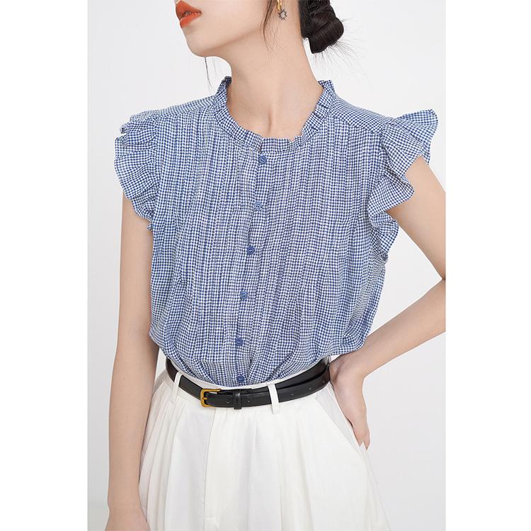 

Женская ретро-блузка в синюю клетку с плиссировкой и французскими рукавами-крылышками Extra Small синий