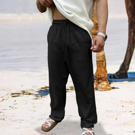 Men Pants Drawstring Elastic Waist Straight Leg Loose Solid Color Pockets Sweat Absorption Daily Wear Casual