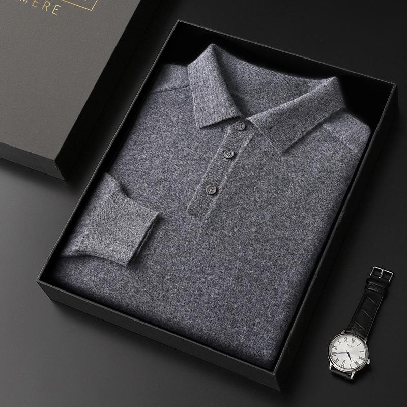 Autumn/Winter Pure Cashmere Sweater For Men, Polo Collar, Thickened Warm, Long Sleeve Pullover, Lapel Wool Knit Base Layer