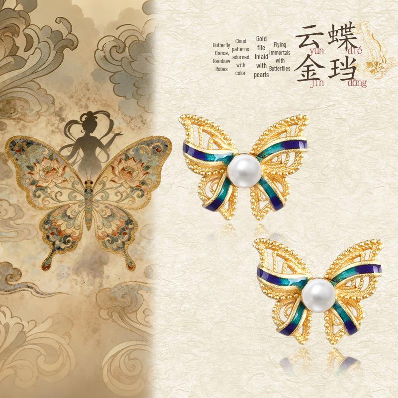 925 Sterling Silver Chinese-Style Butterfly Pearl Earrings with Enamel Color
