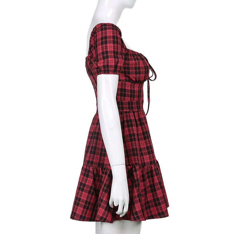 Women Aline Y2k Gothic Plaid Mini Dresses Grunge Punk Bandage Skinny Emo Party Dress Short Sleeve Summer Streetwear