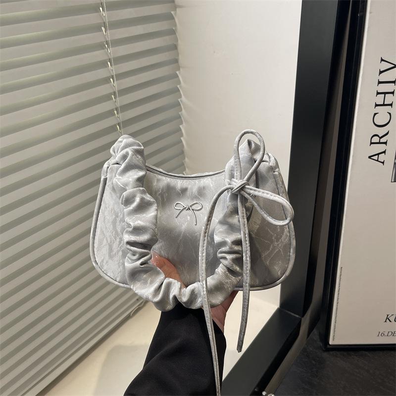 Lightweight Bow Square Shoulder Bags for Women Korean Style Ladies Underarm Bag Simple Female Pleated Drawstring Handbags Purse