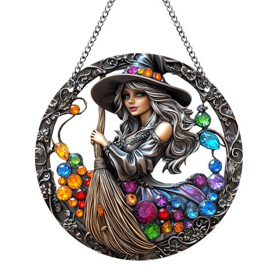 Halloween Witch Black Cat Hanging Sign 2D Flat Acrylic Broom Witch Round Sign Indoor Outdoor Porch Door Hanger Wall Hanging Decoration
