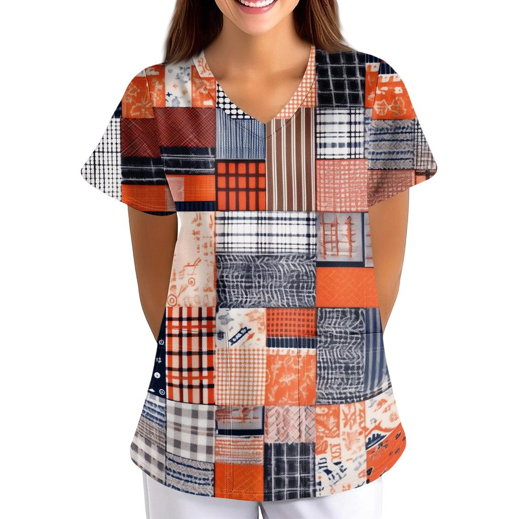 Women's Floral Print Loose Fit V Neck Short Sleeve Work Scrub Top with Pockets for Healthcare Professionals Nursing Uniform
