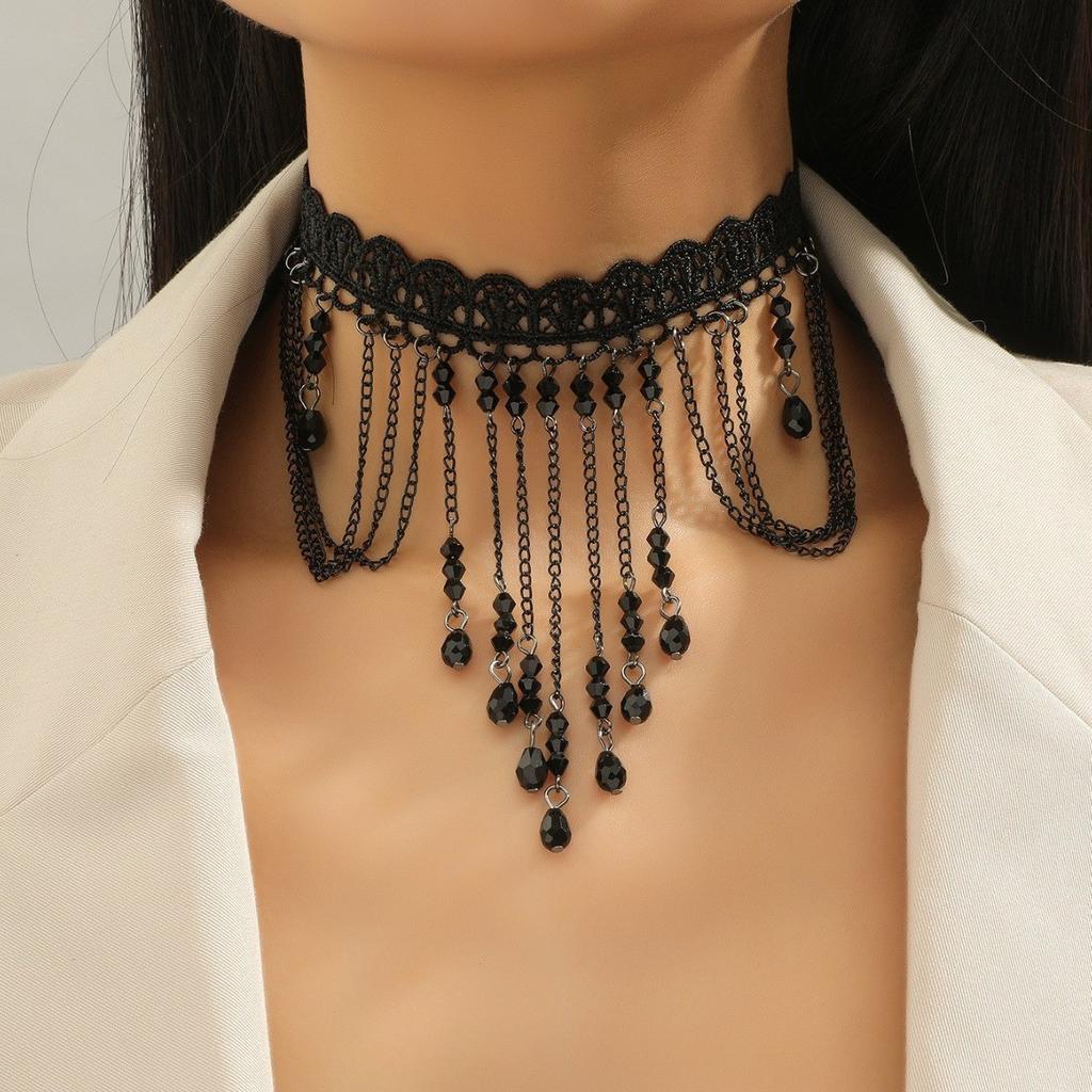 Accessories Black Neck Chain Lace, Clavicle Chain Light Luxury High-end, Hollow Fringe Gothic Necklace Women