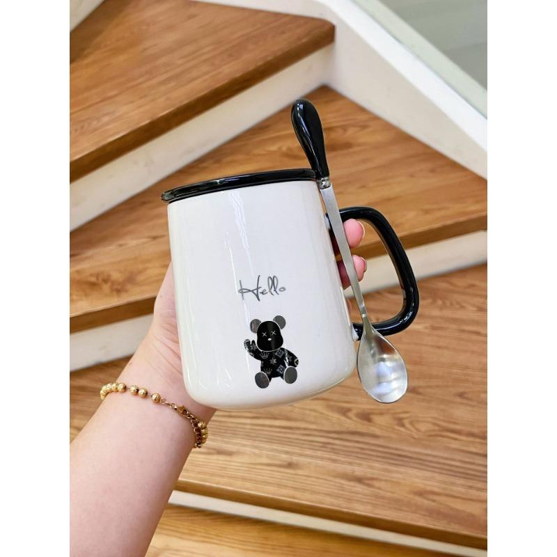 Mug with Lid Spoon Ceramic Cup for Women Home Couple Water Cup Office Coffee Cup for Boys Tea Cup High Appearance
