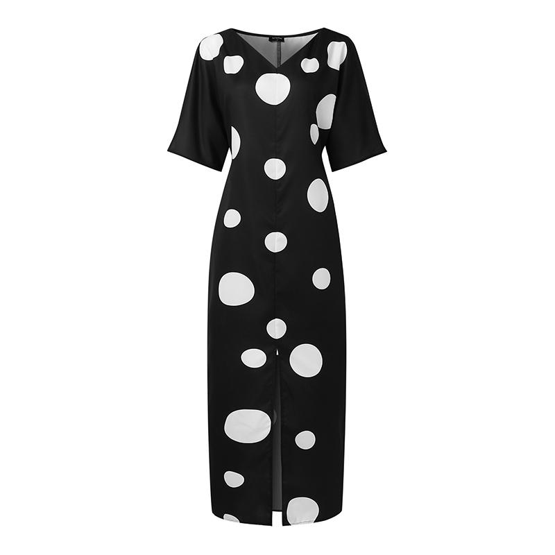 Oversized Women Half Sleeve Polka Dots Print Slim Waist Casual Loose Maxi Long Dress