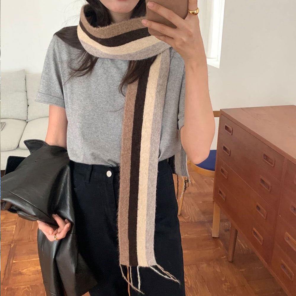 Y2k Color Block Knitted Scarf Women Cashmere Wool Scarves Harajuku Decoration Neckerchief Korean Style Thin Narrow Long Scarf