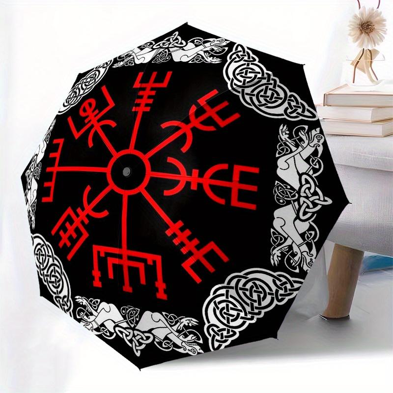Viking Vegvisir Compass & Compass Design Umbrella - 3-Fold Compact Portable Automatic Open Umbrella with 8-Rib Durable Frame,