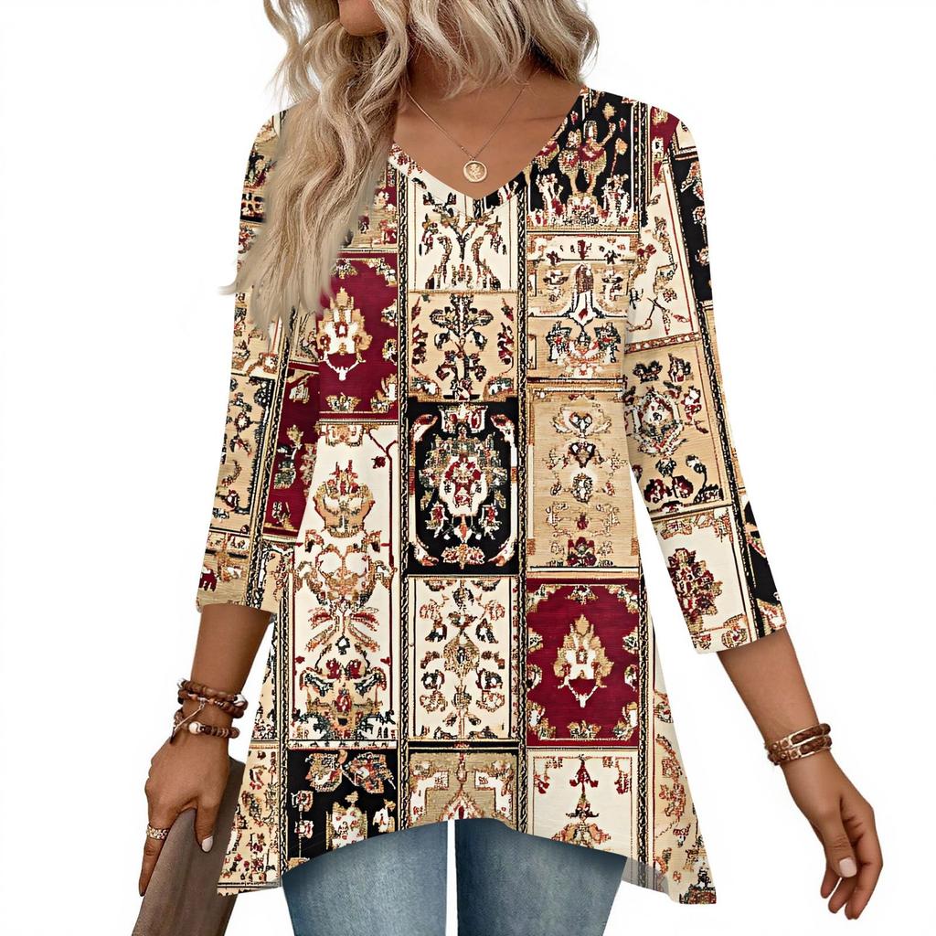 Dámské topy s výstřihem do V a 3/4 rukávem, ležérní košile střední délky, módní tuniky s potiskem