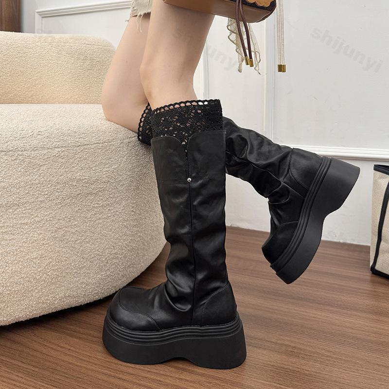 Stivali Alti da Cavaliere Donna 2026 Autunno Pizzo Piattaforma Moda Aumento Altezza Scarpe Stivaletti Lunghi Slim Punk da Donna Zapatos De Mujer