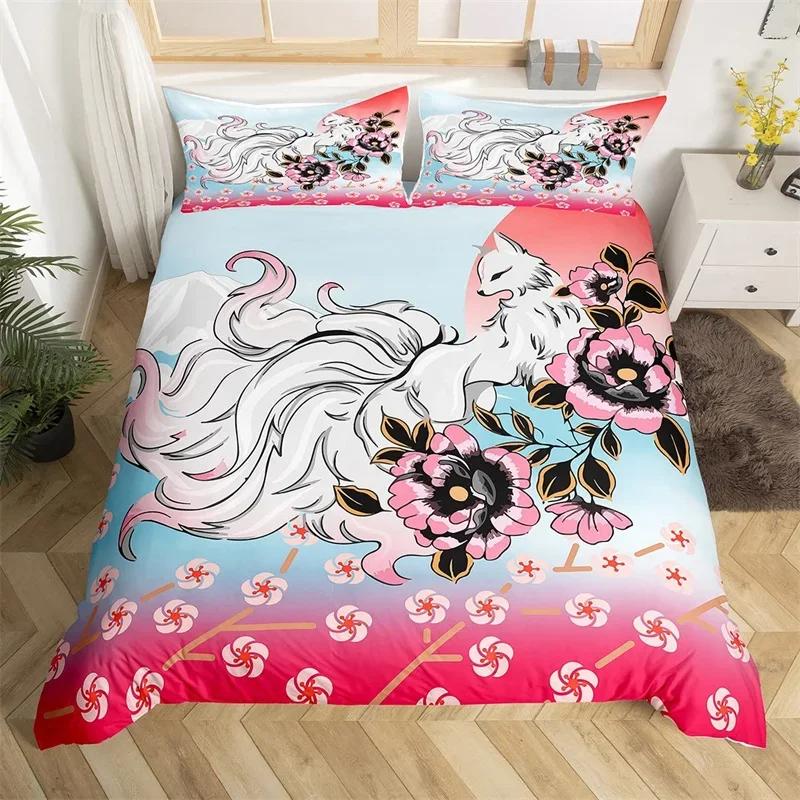 

Japanese Ukiyoe Bedding Set White Fox Blossoms Floral Duvet Cover Polyester Galaxy Exotic Animal Comforter Cover Twin Queen Size EU Single(135*200cm)3pcs