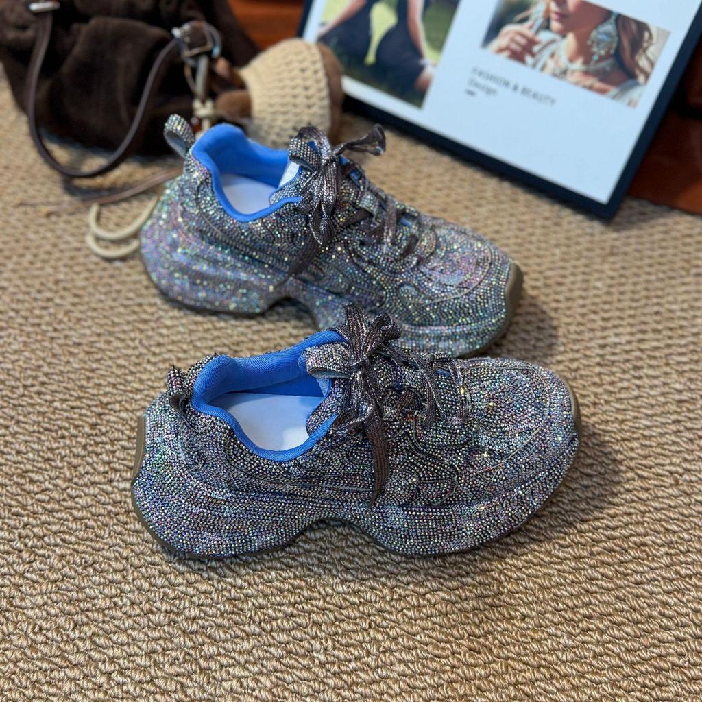 Women's 2025 Winter Rhinestone Chunky Sneakers - Lace-Up Platform Casual Travel Shoes