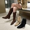 Fashion New Popular Retro Style Fold Button Women Knee-High Boots Fashion Pointed Toe Square Heels Casual Ladies Shoes Zapatos De Mujer