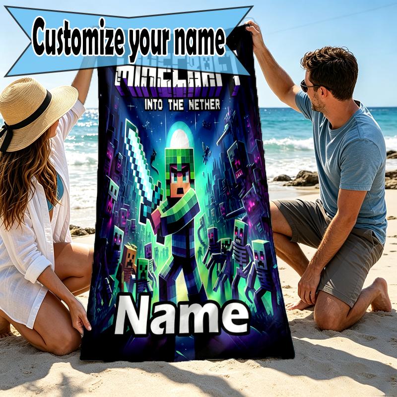 Custom Name Personalized Minecraft Print Beach Towel, for Trip Camping Beach Party Home Decor, Birthday Gift for Family & Friends