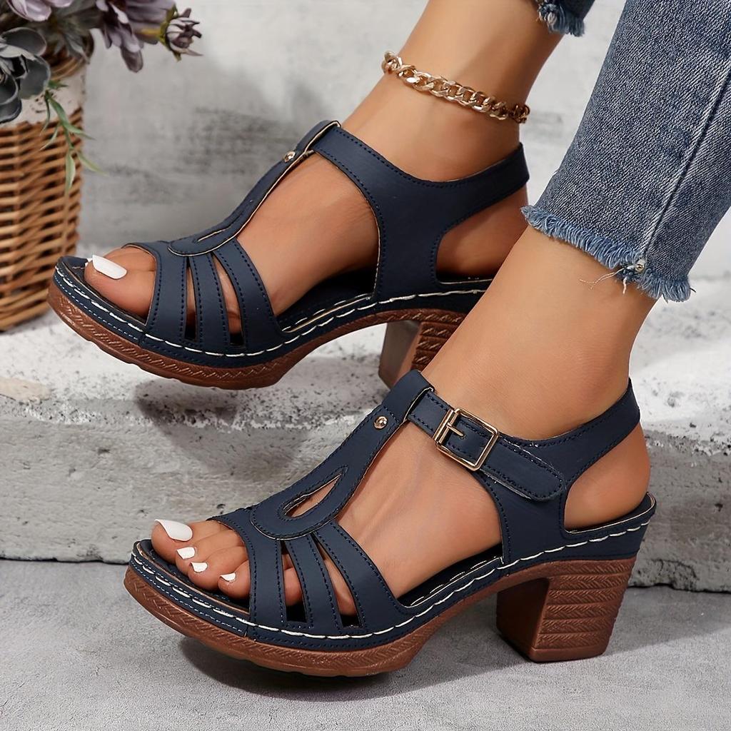 Women's Solid Color Fashion Sandals, Summer T-strap High Heels, Casual Single Strap Non-slip Thick Heel Shoes