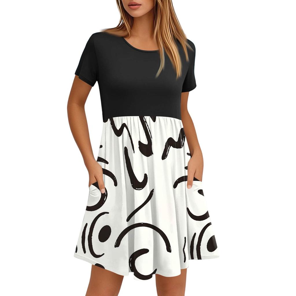 Robes décontractées à col rond et manches courtes pour femmes, imprimées et à poches