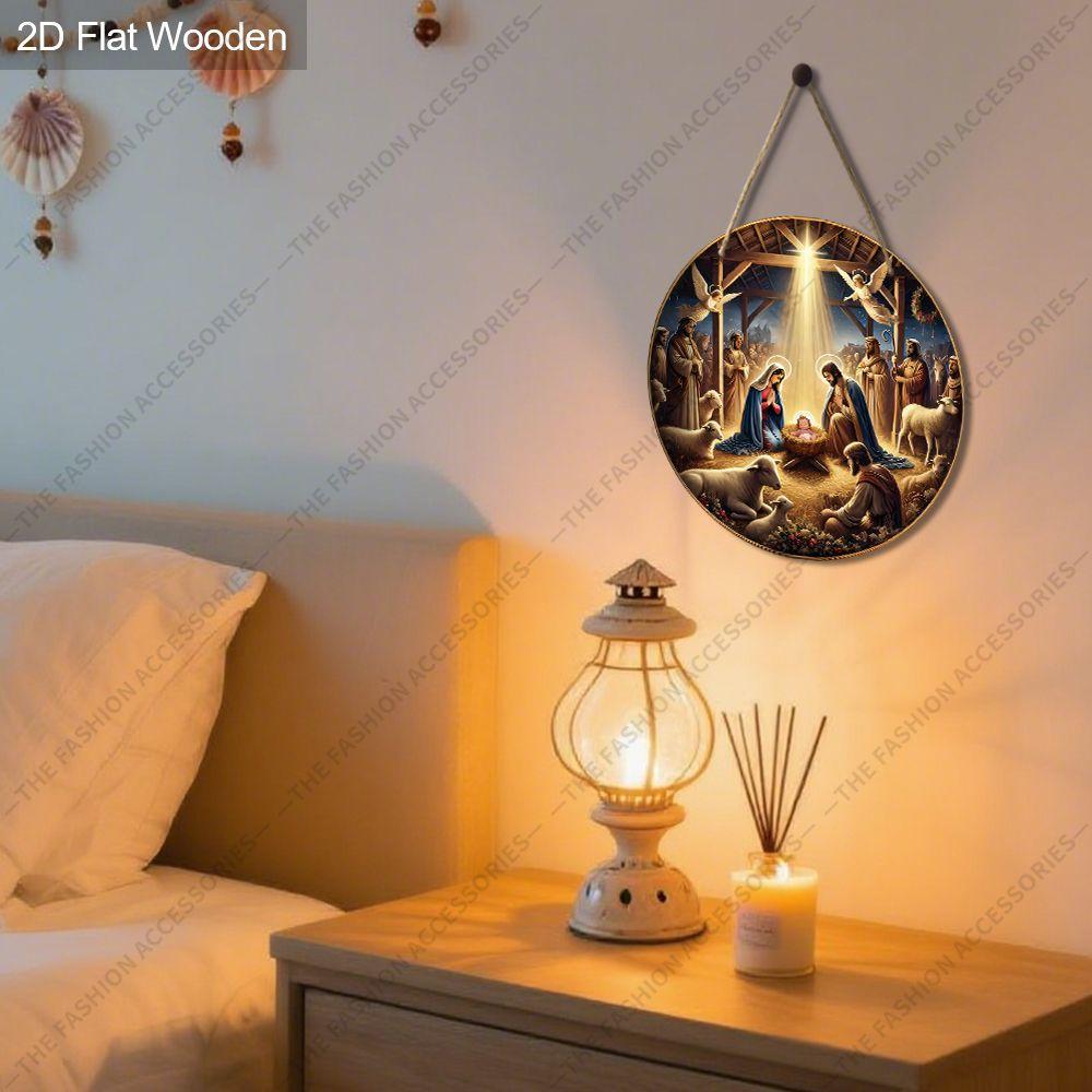 Nativity Scene Holy Family Angel Sheep Round Wooden Hanging Sign, Christmas Religious Wall Door Decor