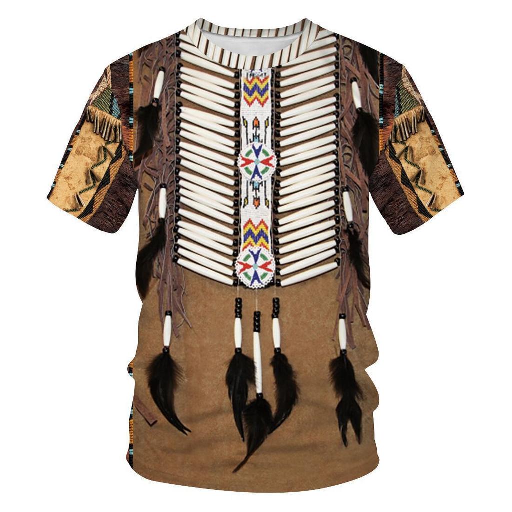 Été Nouveau T-shirt Décontracté à Manches Courtes et Col Rond pour Homme avec Impression Numérique 3D Amérindienne