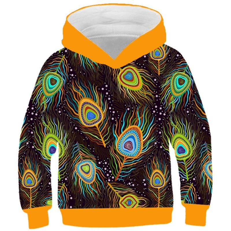 Autumn 3D Peacock Feather Printed Hoodies Fashionable Casual Sports Long Sleeved Children's Boy Hooded Sweatshirts