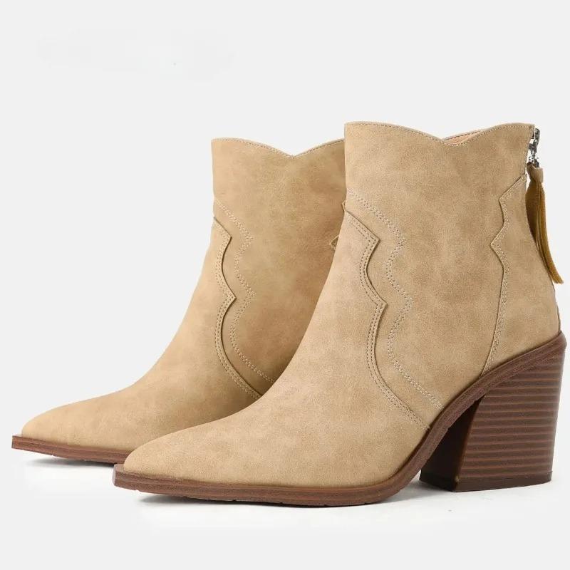 Bottes à Talons Épais Femme Chaussures Unies Compensées Bout Pointu Botas Cowboy Cheville Bottes Chelsea Bottines Femme