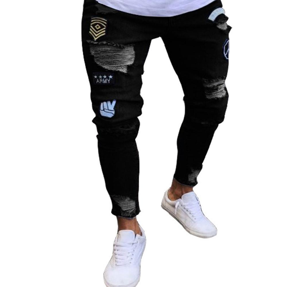 Bílé Vyšívané Skinny Roztrhané Džíny Pánské Bavlna Pružné Dírky Slim Fit Hip Hop Denimové Kalhoty Ležérní Džíny pro Muže Běžecké Kalhoty