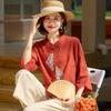 Qianlian Women's Ethnic Embroidered 3/4 Sleeve Cotton Top