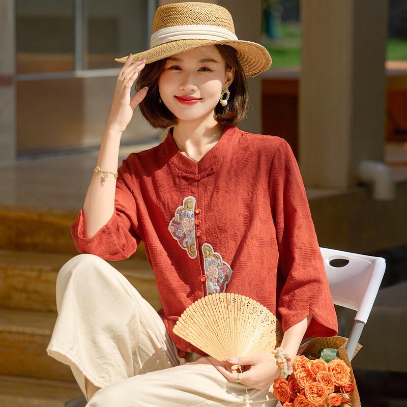 Qianlian Women's Ethnic Embroidered 3/4 Sleeve Cotton Top