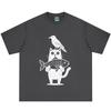 Cartoon Cat And Crow Fish Funny Meme Tshirt Unisex Unisex Vintage Fashion Tshirt Summer Shortsleeved Loose Casual Cotton Tshirts