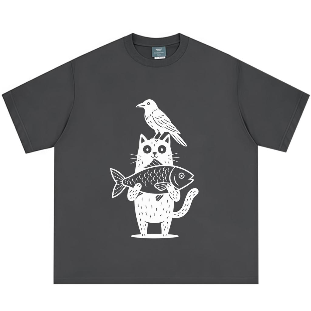 Cartoon Cat And Crow Fish Funny Meme Tshirt Unisex Unisex Vintage Fashion Tshirt Summer Shortsleeved Loose Casual Cotton Tshirts