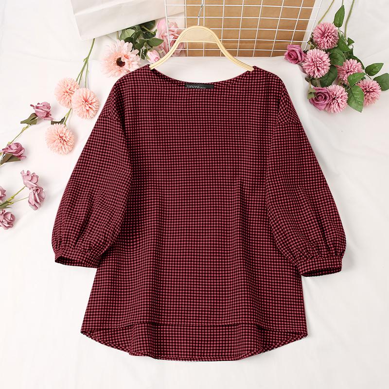 

ZANZEA Женская повседневная блузка с круглым вырезом и рукавами 3/4 в клетку с принтом 5XL красный