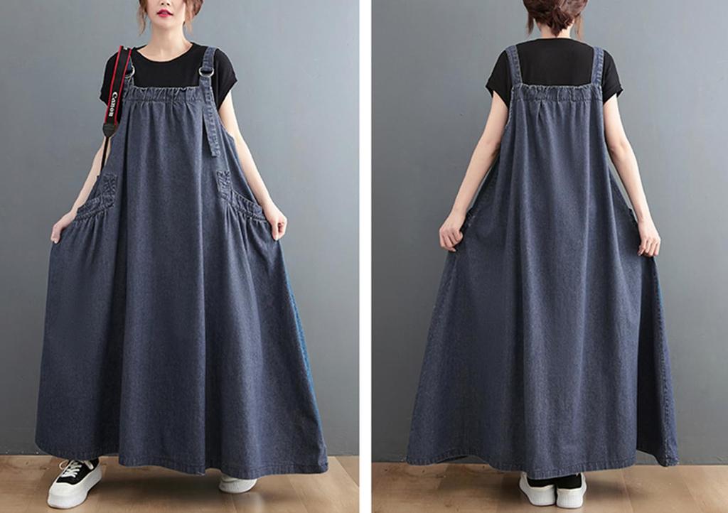 JIYUTOR Denim Jumper Loose Long Plus Sizes Dress, Ankle-Length, Fit, Slimming, Figure-Flattening, Length, All-in-One Overalls, (Free Size, Blue)