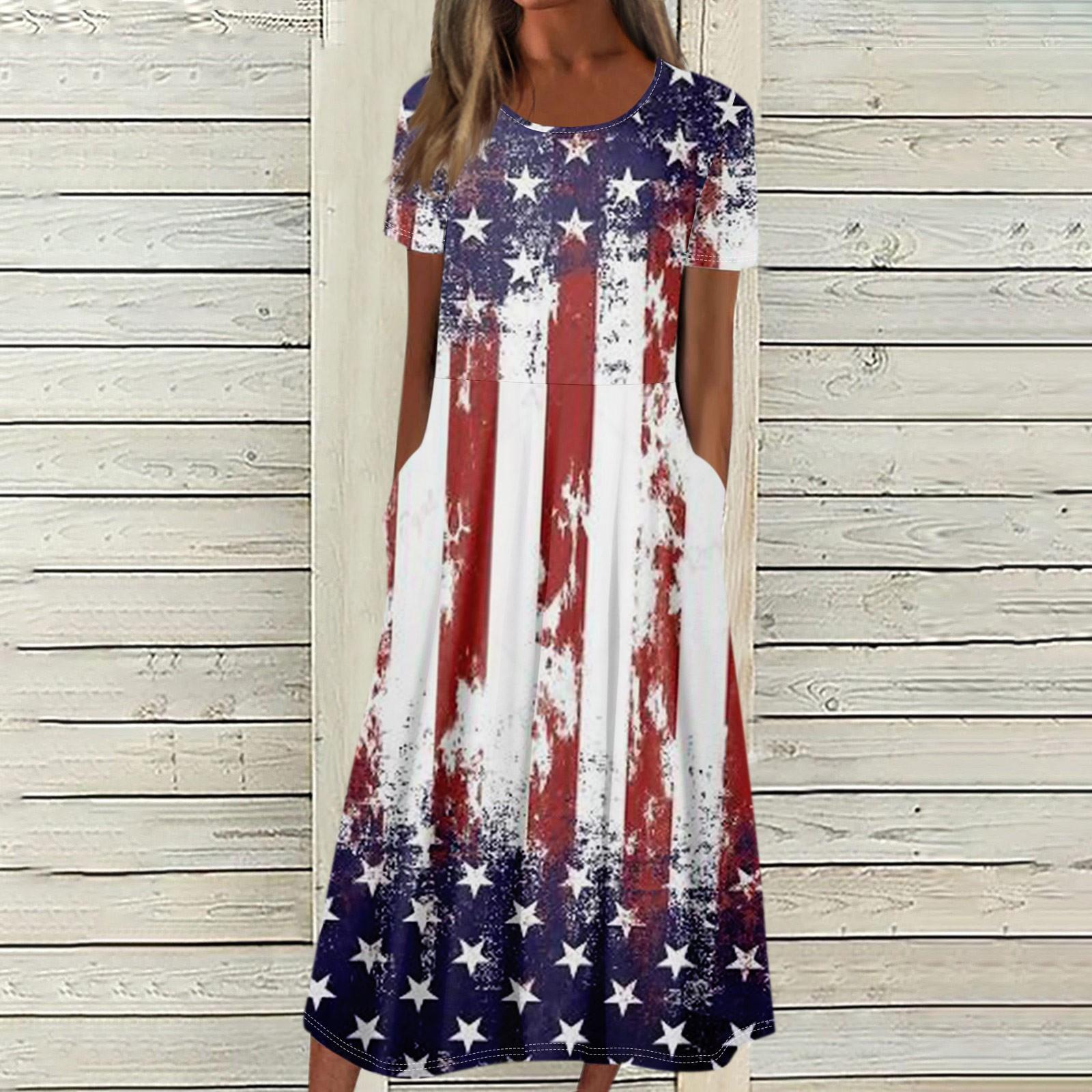 

Женское летнее повседневное модное платье с коротким рукавом и карманом на День независимости с коротким рукавом XL белый