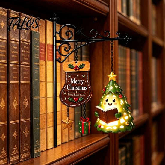 Festive Reading Nook Accents Christmas Bookshelf Hanging Light, Snowman Book Lamp, Metal Decorative Supports Floating Library Lantern Decor,