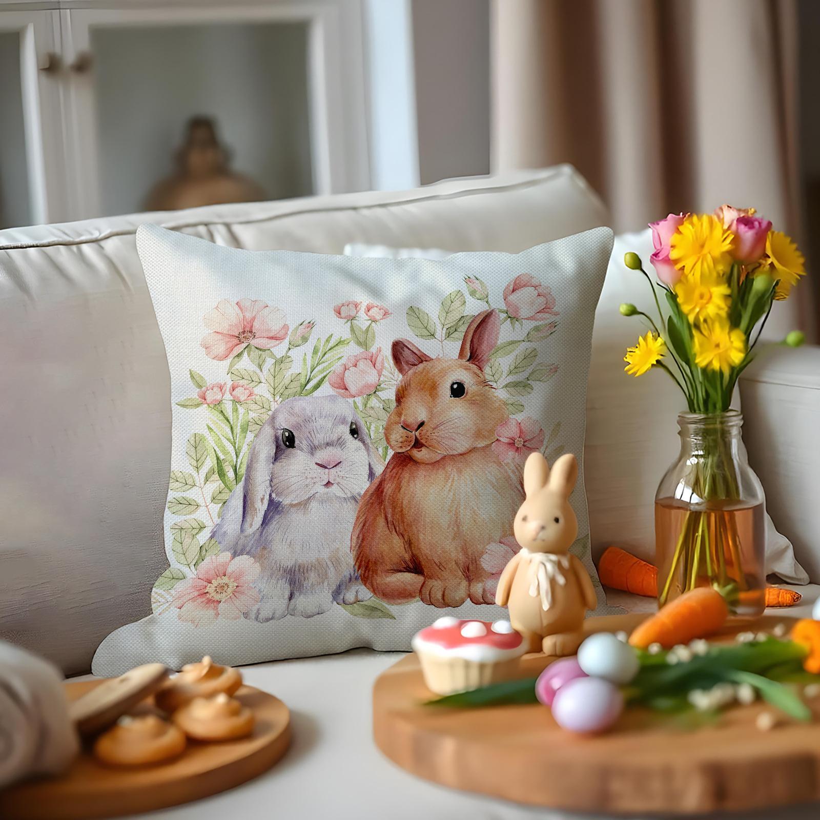 

New Easter Flowers and Bunny Plaid Pillow Home Decoration Pillow Back Pillow Linen Pillow Cover 45 * 45Cm