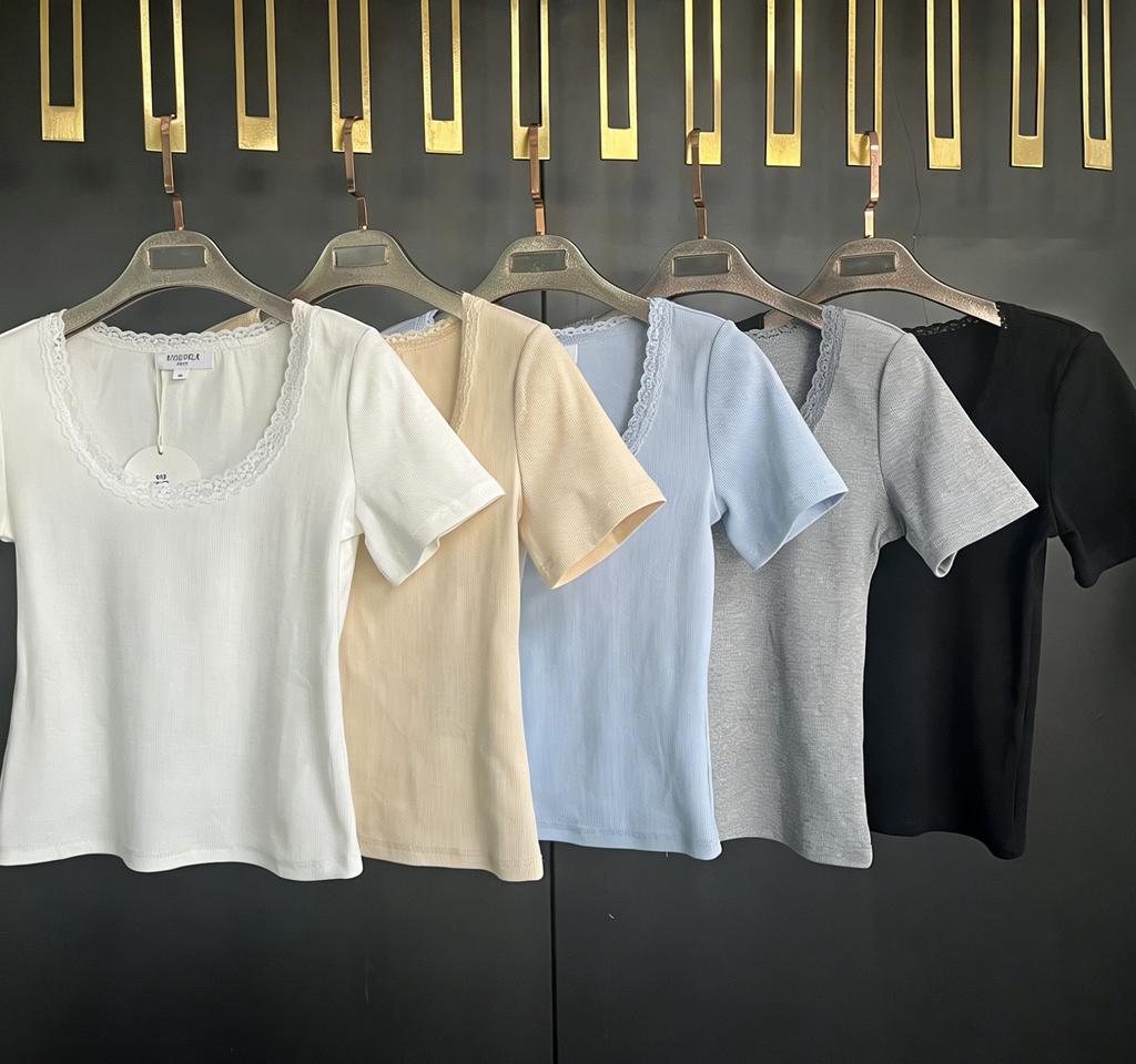 Summer women's clothing knitted short slim-fitting short-sleeved top European and American simple lace neckline elegant breathable elastic T-shirt