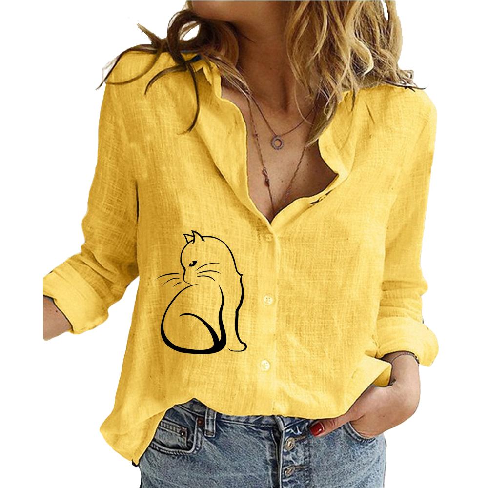 

Женская модная хлопково-льняная рубашка с принтом кота, женский топ с воротником с лацканами на пуговицах, весна-лето-осень, повседневные свободные блузки с длинными рукавами 5XL жёлтый