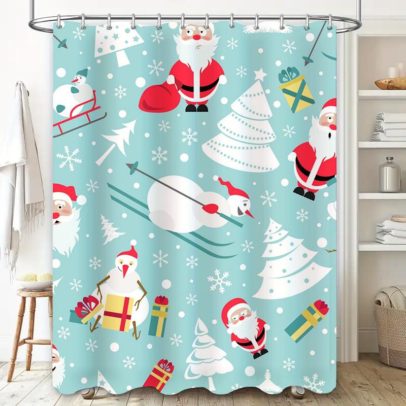 Tu Christmas Shower Curtain Festive Holiday Decor Winter Wonderland Snowman Reindeer Pattern Waterproof Bathroom Fabric Backdrop